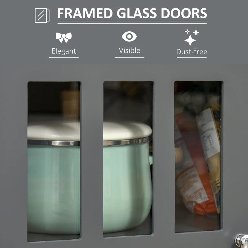 HOMCOM Accent Kitchen Cabinet with Glass Doors, Adjustable Shelf and 2 Drawers for Kitchen ,Grey