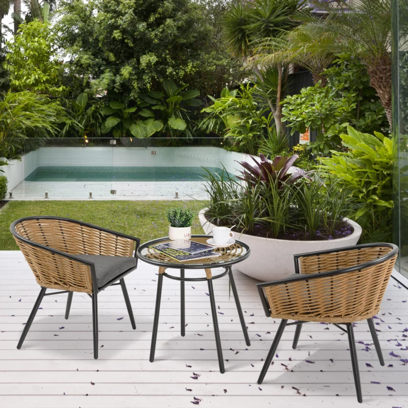 Outsunny 3 Piece Patio Set, Outdoor Bistro Furniture, PE Rattan Wicker Table and Chairs, Cushioned, Barrel Style, Gray