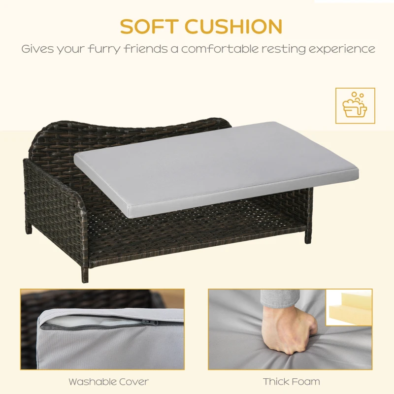 PawHut Rattan Pet Sofa for Large & Medium Dogs, Indoor & Outdoor Raised Wicker Dog Bed, Cat Couch, with Soft Washable Cushion, Charcoal Grey
