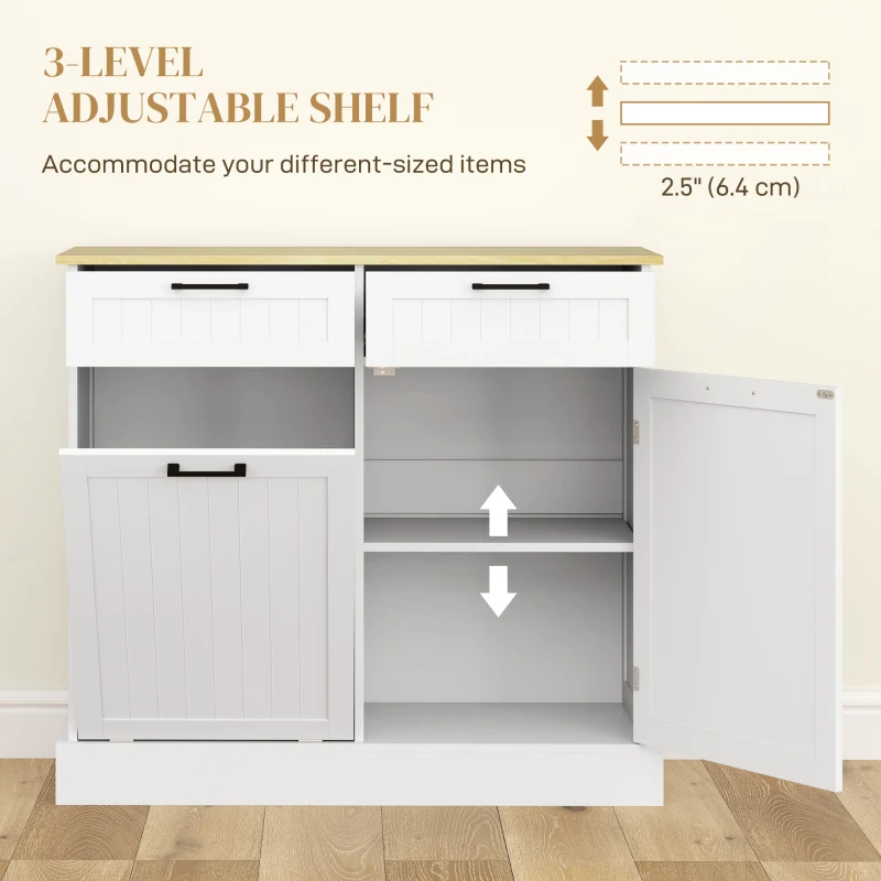 HOMCOM Hidden Garbage Bin Cabinet, Tilt Out Trash Cabinet w/ 2 Drawers, Freestanding Kitchen Island for Laundry, White