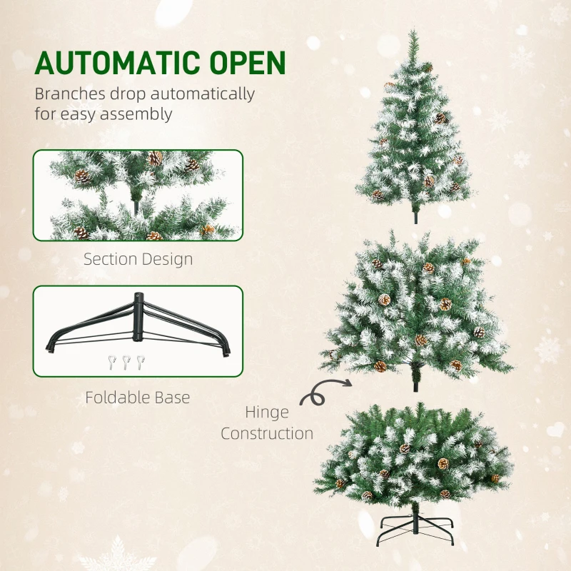 HOMCOM 6ft Unlit Snow-Dusted Full Fir Artificial Christmas Tree with Realistic Branches, 61 Pine Cones and 800 Tips