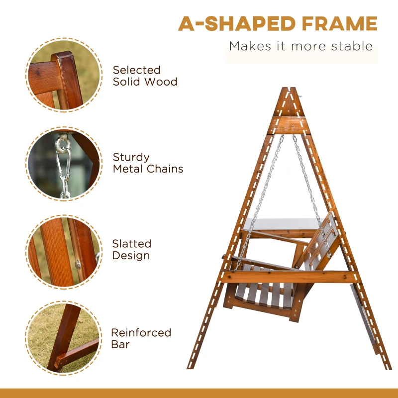 Outsunny 2 Seater Wooden Outdoor Patio Porch Swing with Stand, Wide Backrest, Adjustable Chains, for Garden, Poolside, Backyard