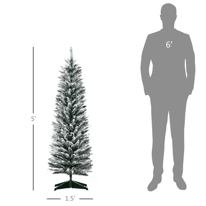 HOMCOM 5' Snow Flocked Artificial Pencil Christmas Tree, Slim Xmas Tree with Realistic Branches and Plastic Base Stand for Indoor Decoration, Green