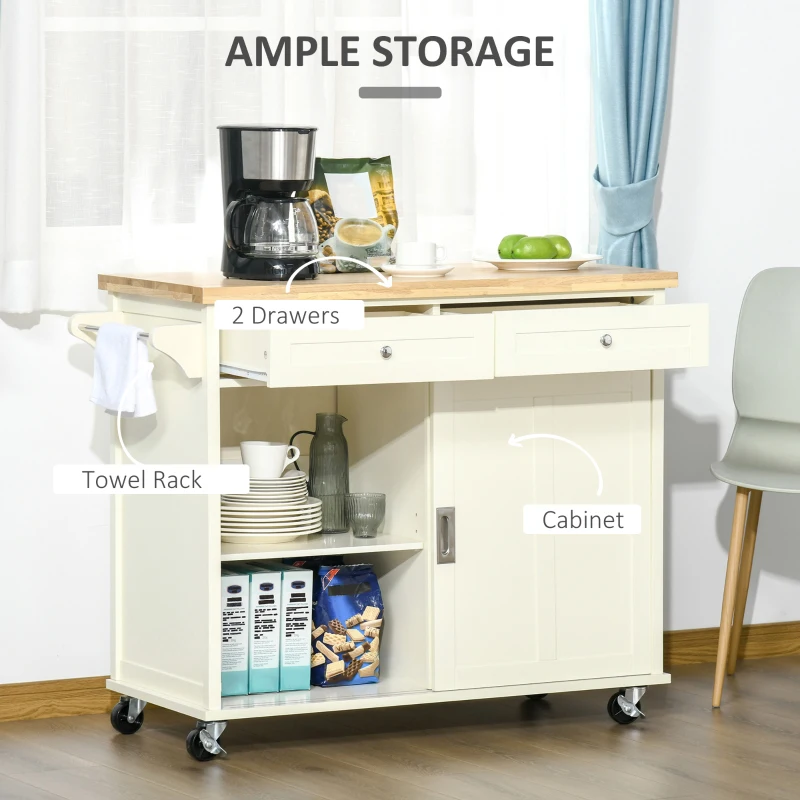 HOMCOM 43" Rolling Kitchen Island, Kitchen Storage Cart on Wheels with Sliding Doors, Cabinet, 2 Drawers, and Towel Rack, Cream White