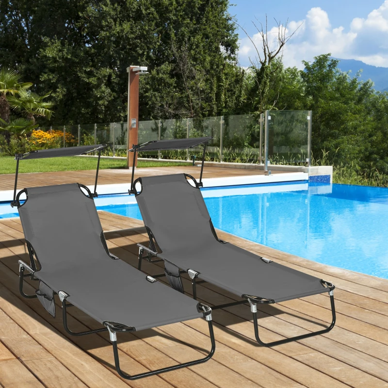 Outsunny 2 Piece Folding Outdoor Chaise Lounges, Pool Tanning Chairs with Reclining Back, Sunshade for Beach, Patio, Dark Grey
