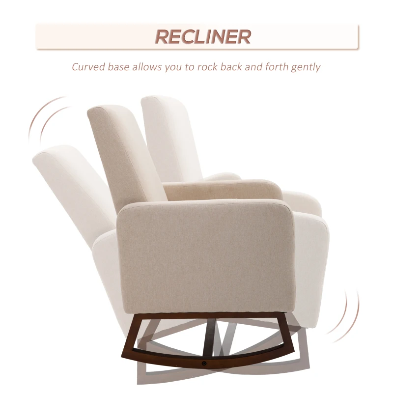 HOMCOM Accent Lounge Rocking Chair with Solid Curved Wood Base and Linen Padded Seat, Cream White