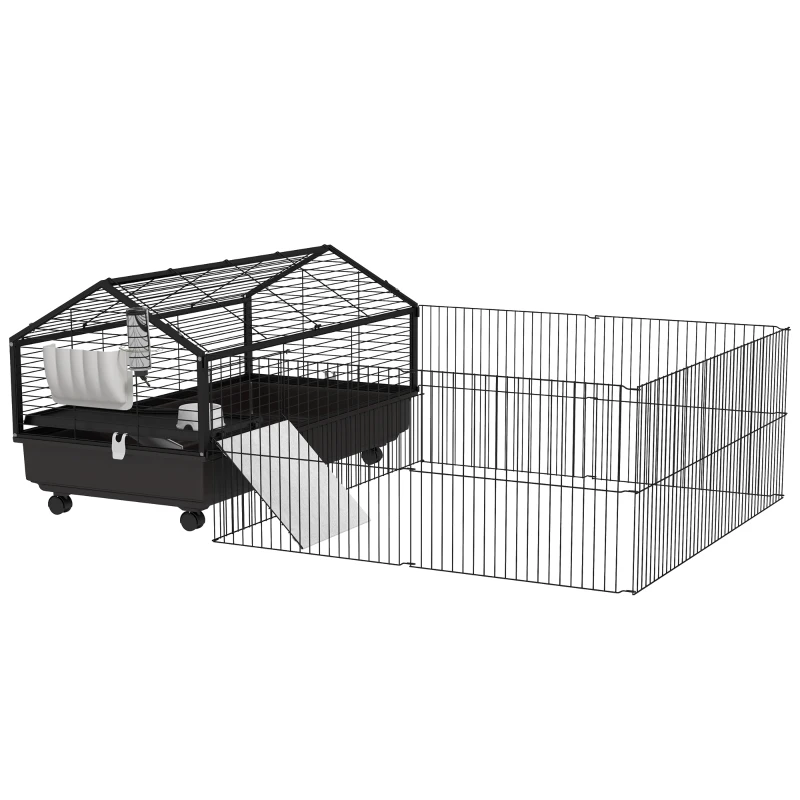 PawHut Metal Small Animal Cage, Rabbit Cage for Guinea Pig, Chinchilla, Hedgehog, Bunny with Removable Wheels and Foldable Detachable Run Fence 47.2" L x 66.9" W x 24.4"H