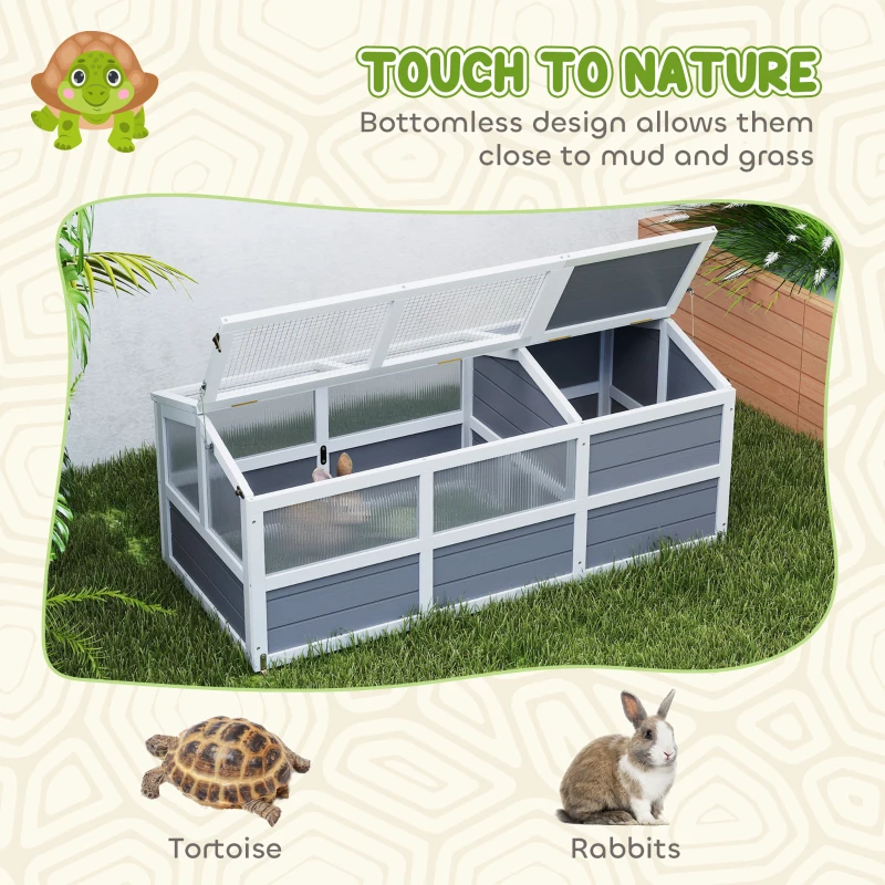 PawHut Wooden Tortoise Habitat Outdoor w/ Bottomless Design, Doors, PC Sun Panel Windows, for Small Animals, Rabbit, Light Gray