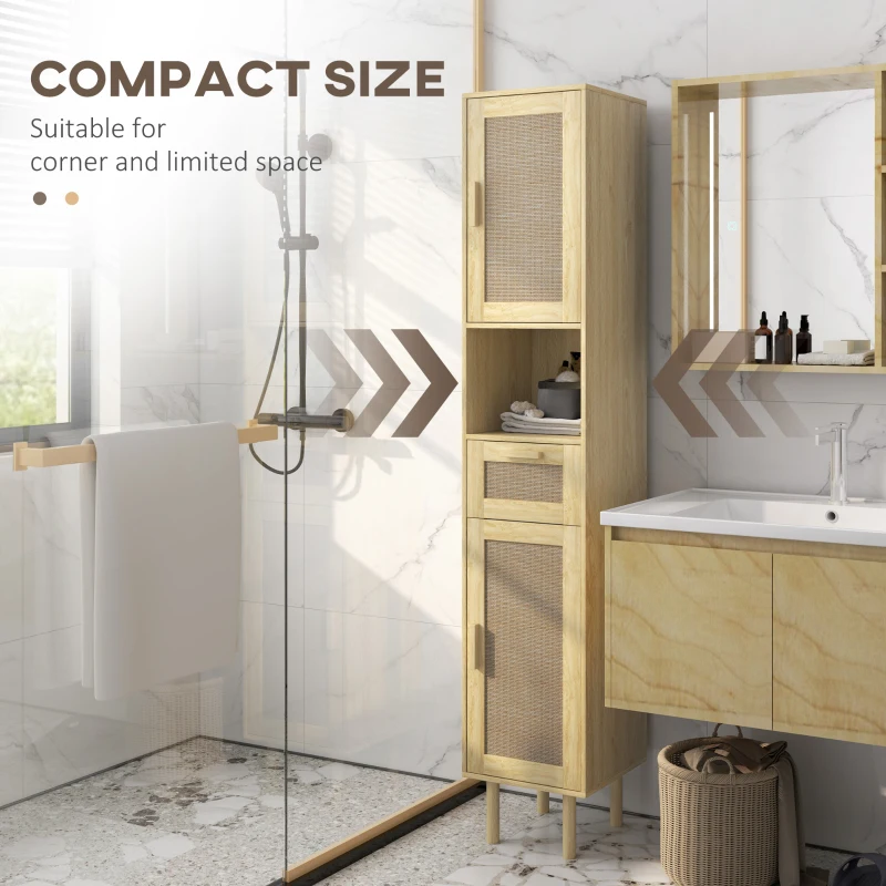 HOMCOM Tall Bathroom Cabinet with Rattan Doors, Freestanding Bathroom Storage Cabinet with Adjustable Shelves, Distressed Oak