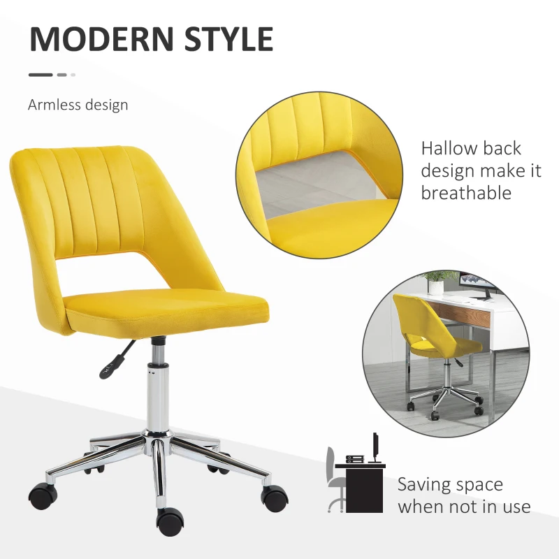 Vinsetto Mid Back Office Chair Velvet Fabric Swivel Scallop Shape Computer Desk Chair, Yellow