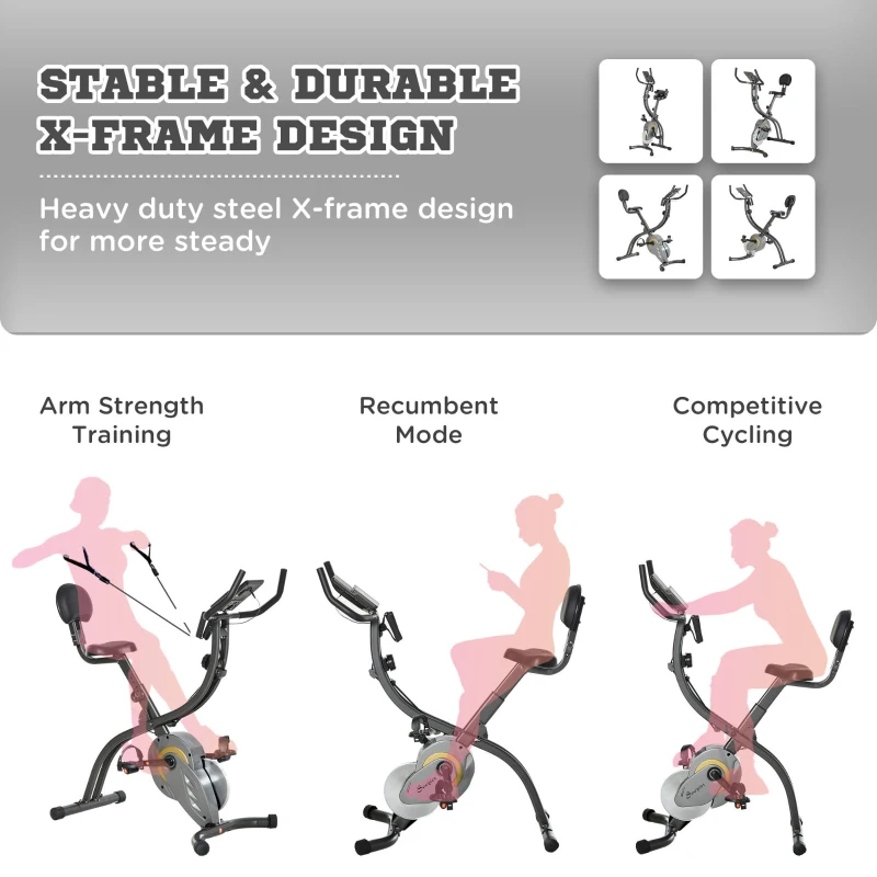 Soozier Folding Exercise Bike with Arm Workout Bands, Magnetic Resistance Foldable Stationary Bike with Phone Holder