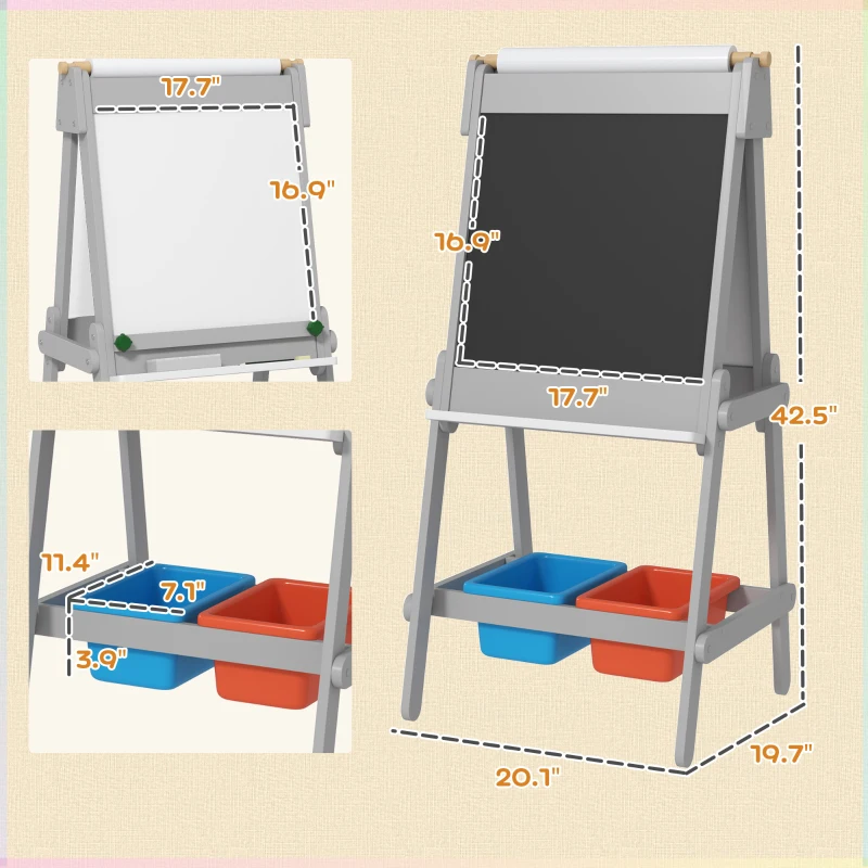 Qaba Easel for Kids, Art Easel w/ Paper Roll, Double Sided Whiteboard & Chalkboard with 2 Storage Boxes