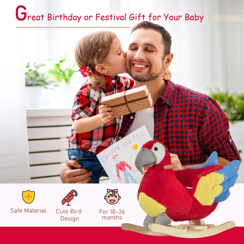 Qaba Kids Ride-On Rocking Horse Toy Parrot Style Rocker with Fun Music & Soft Plush Fabric for Children 18-36 Months