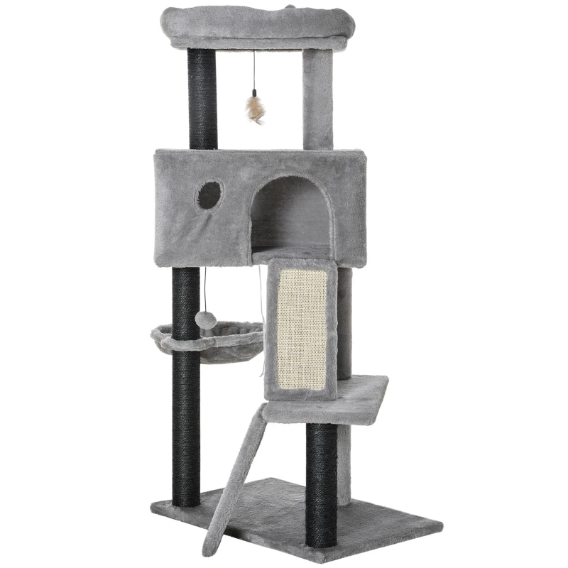 PawHut 47" Cat Tree for Indoor Cats, Kitty Activity Center, Cat Tower with Cat Ear Bed Ramp Condo Hammock Hanging Ball Toys Sisal Rope Scratching Post, Light Grey