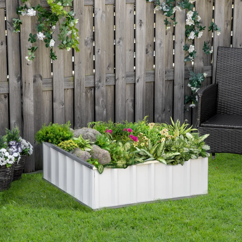 Outsunny 3' x 3' x 1' Raised Garden Bed, Galvanized Metal Planter Box for Vegetables Flowers Herbs, White