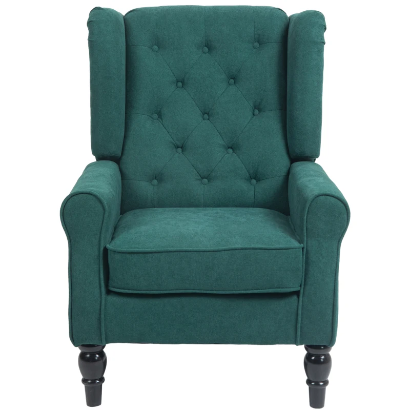 HOMCOM Fabric Accent Chair, Button Tufted Armchair, Armchair with Wood Legs, Thick Padding for Bedroom Dark Green