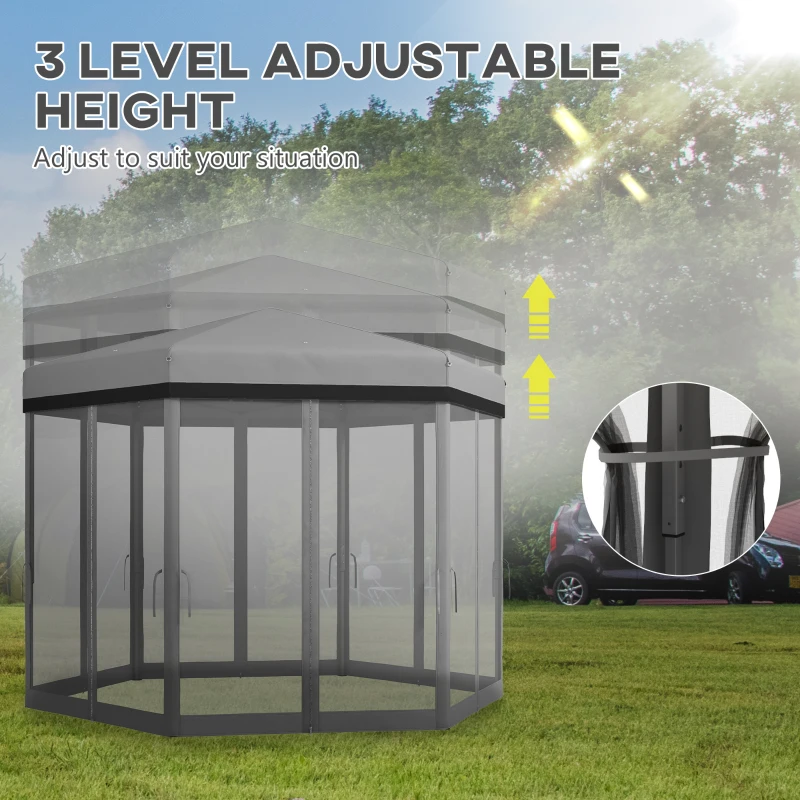 Outsunny 12'x12' Pop Up Canopy, Hexagon Gazebo with Netting, Carry Bag, Height Adjustable Instant Shelter, Grey