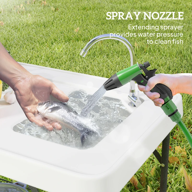 Outsunny Folding Fish Cleaning Table with Sink, Portable Camping Table with Faucet, Drainage Hose, Sprayer and Shelf, White