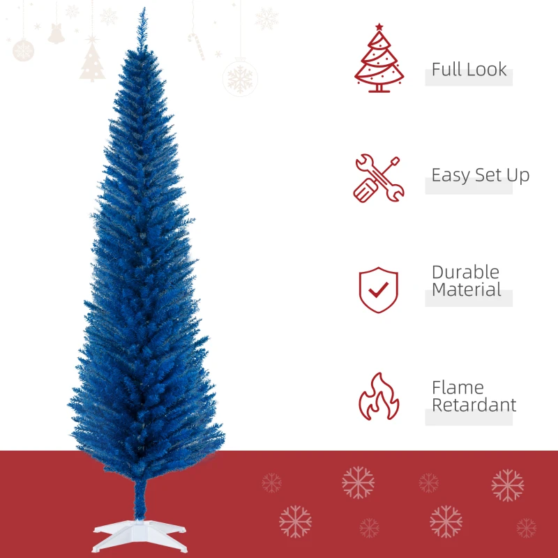HOMCOM 7FT Decorated Christmas Tree, Pencil Christmas Tree with 499 Realistic Branch Tips and Plastic Stand, Blue