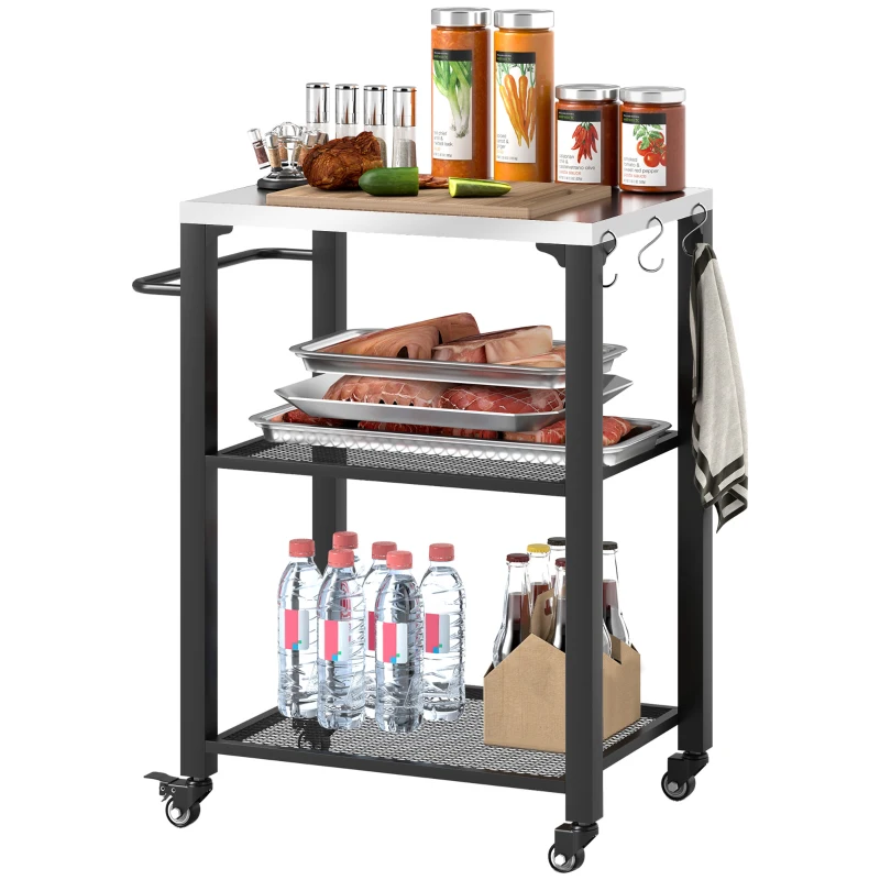 Outsunny 3-Shelf Outdoor Grill Cart Table with Stainless Steel Top, Hooks, Pizza Oven Stand on Wheels