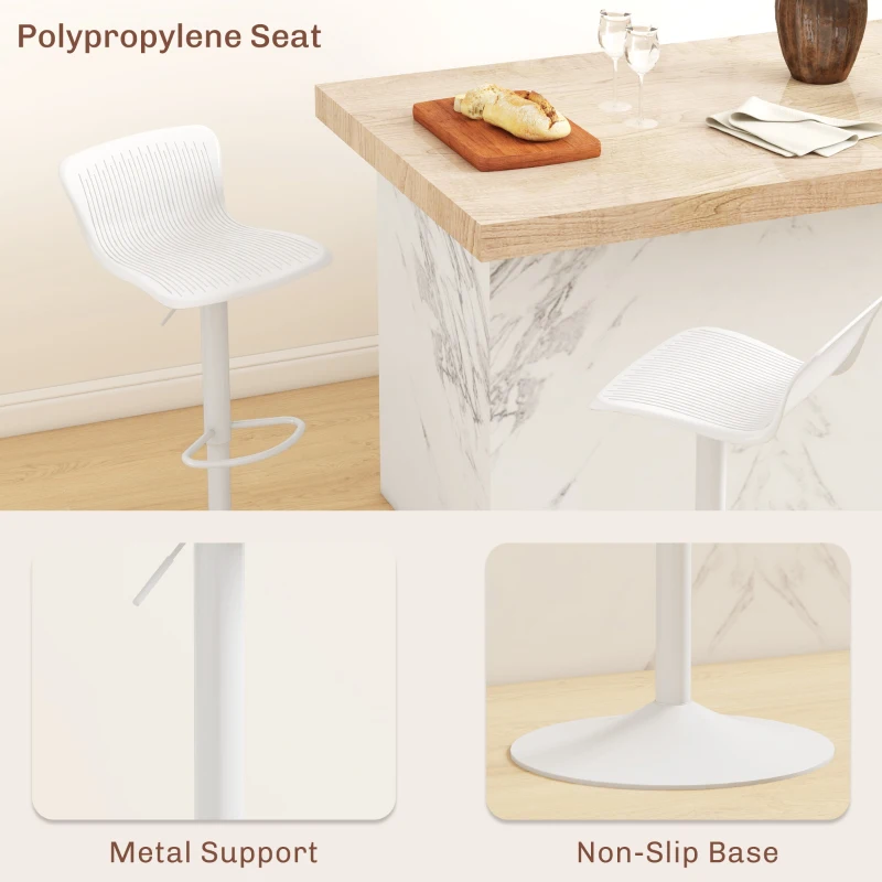 HOMCOM Polypropylene Bar Stools Set of 2, Swivel Barstools with Adjustable Height, Footrest and Backrest, White
