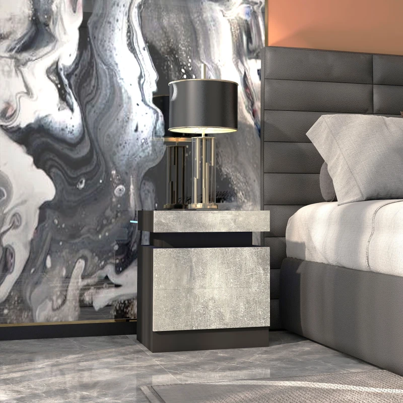 HOMCOM Nightstand, Bedside Table with LED Lights and 2 Drawers for Bedroom, Living Room, Cement Grey