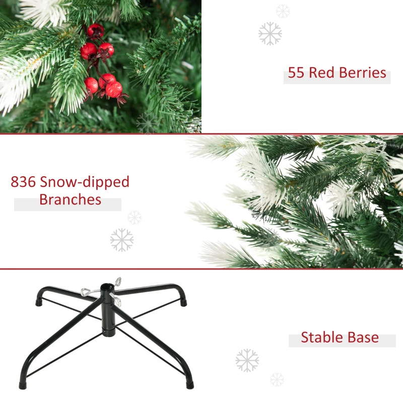 HOMCOM 6' Tall Unlit Snow-Flocked Fir Artificial Christmas Tree with Realistic Branches, Red Berries and 836 Tips, Green / White