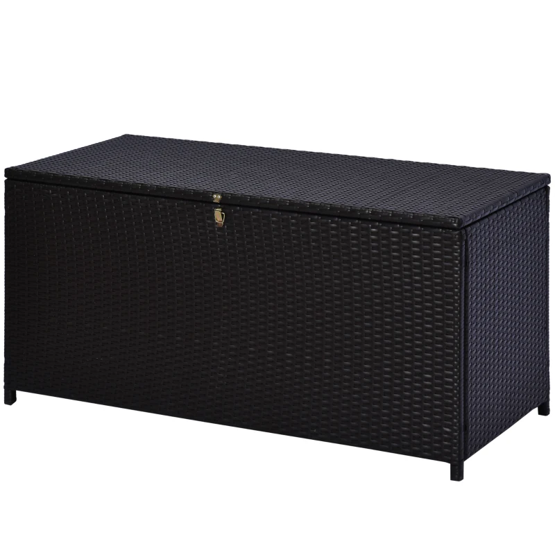 Outsunny Wicker Outdoor Storage Box, 75 Gallon Deck Box with Gas Strut and Clamp Lid, Rattan Patio Storage Container for Gardening Tools, Pool Supplies, Dark Brown