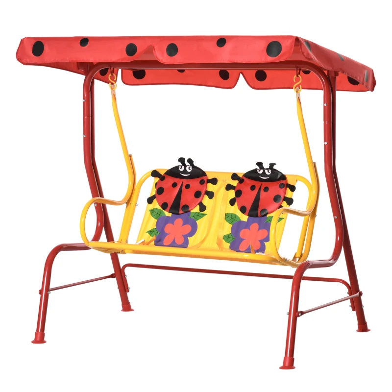 Outsunny Porch Swing for Kids with Adjustable Canopy to Block Sun at Angles, Kids Swing Chair with Seatbelts, Ladybug Pattern, Gift for Kids Ages 3-6, Red