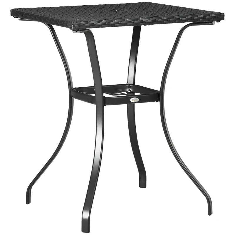 Outsunny Patio Wicker Dining Table with Umbrella Hole, 34 Inch Outdoor PE Rattan Coffee Table with Plastic Board Under the Woven Table Top for Patio, Garden, Balcony, Black
