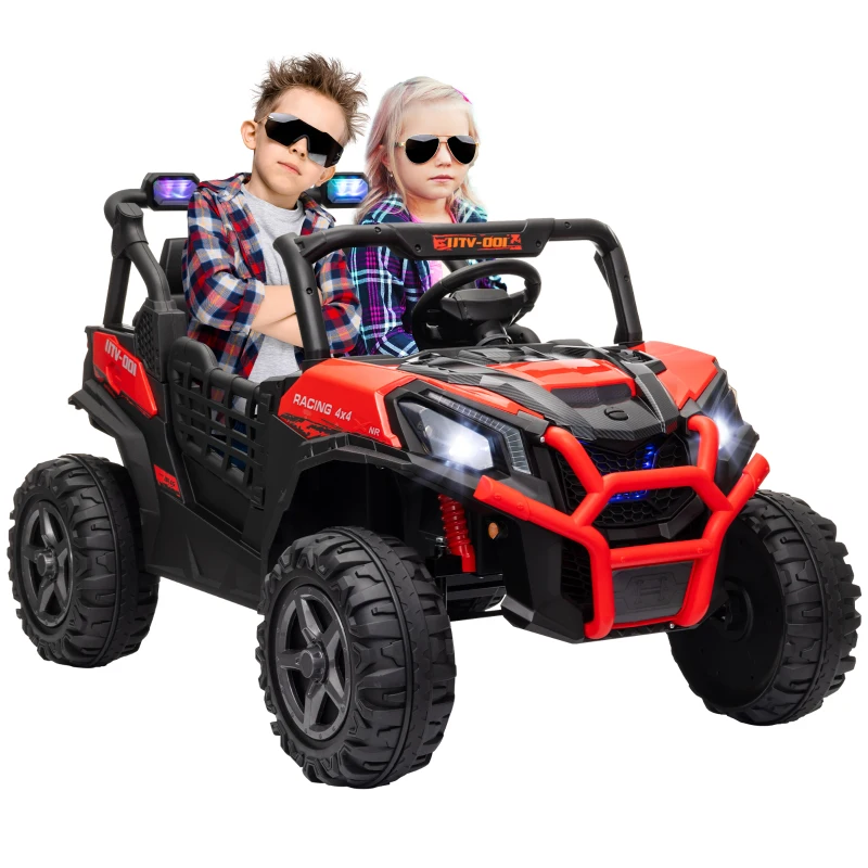 Qaba 2 Seater 24V Kids Electric Car w/ Remote Control, 3 Speed, LED Lights, Music, Horn, Spring Suspension, Slow Start, Red