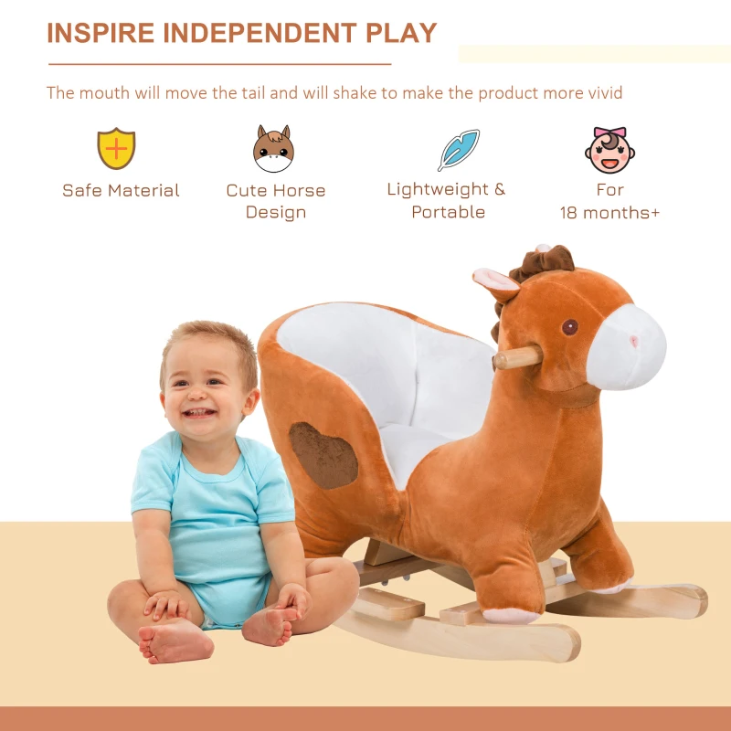 Qaba Kids Plush Rocking Horse Stuffed Animal Rocker Child Ride On Toy with Realistic Sound Red Brown