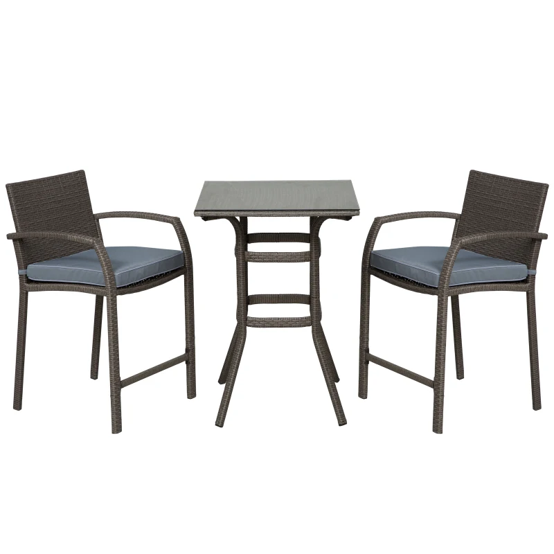 Outsunny 3 Pieces Patio Bar Set Wicker Garden Bistro Set Outdoor Furniture PE Rattan Table and Stools with Seat Cushion, Grey