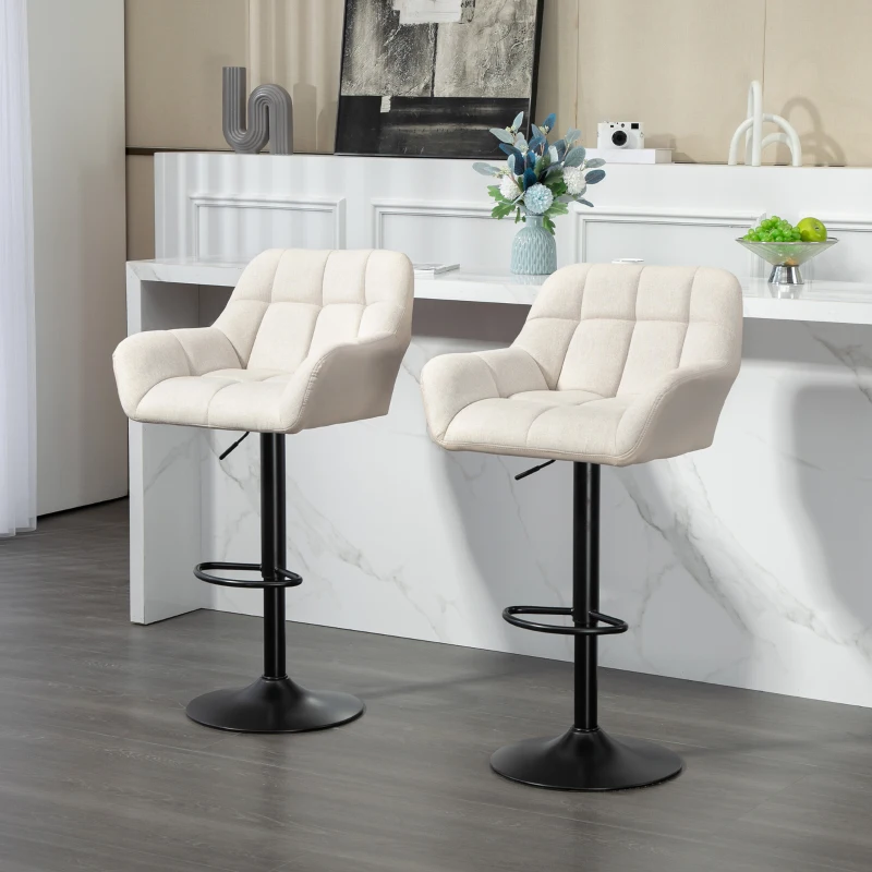 HOMCOM Swivel Barstools Set of 2 Adjustable Bar Stools with Footrest Armrests and PU Leather Back for Dining Room Cream White