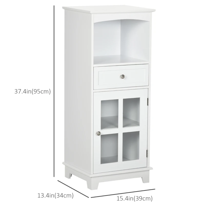 kleankin Bathroom Floor Cabinet with Drawer, Glass Door Side Cabinet, Multifunctional Corner Unit with Adjustable Shelf for Home Office, Living Room, White