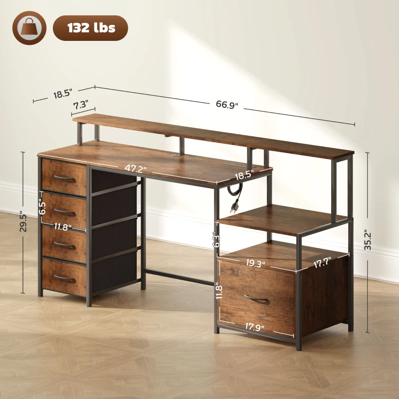 HOMCOM Computer Desk with Power Outlets and LED Lights, 67" Computer Table with File Cabinet and Fabric Drawers, Rustic Brown