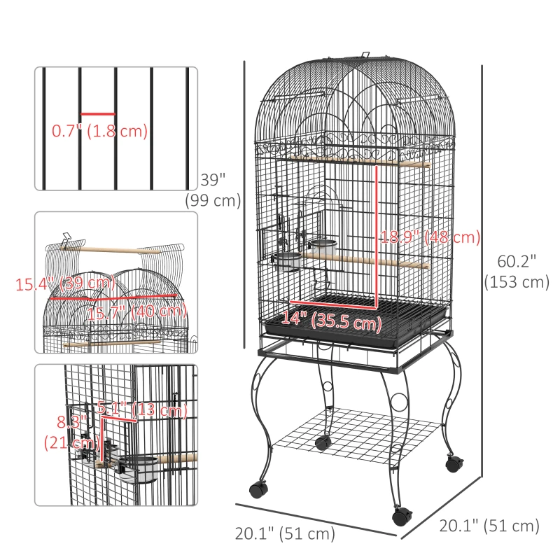 PawHut Play Open Top Bird Cage 60" Parrot Cage for Cockatiel, Sun Conure with Rolling Stand, Removable Tray, Perches, Storage Shelf Black, 20.1" x 20.1"