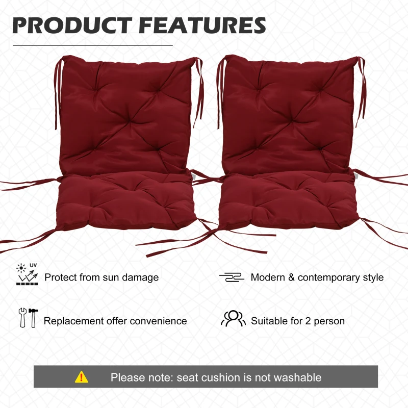 Outsunny Patio Chair Cushions Set of 2, 39" x 20" x 3" Outdoor Tufted Cushion Set with Ties for Indoor Outdoor Garden Furniture, Wine Red