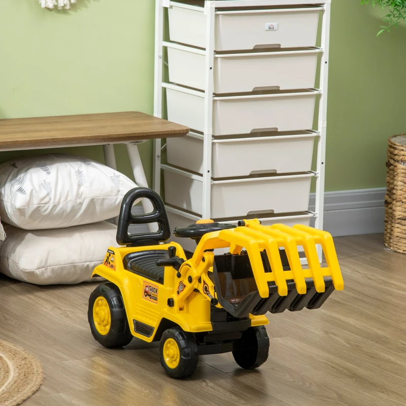 Aosom Kids Ride on Excavator Pulling Cart with Sound Effects, No Power Digger Scooter Ride-on Toy Construction Vehicle for Toddler or Preschool Age with Under-Seat Storage, Treaded Wheels