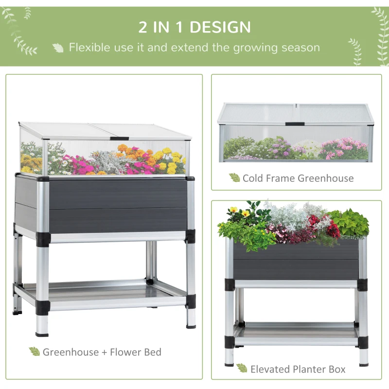 Outsunny Raised Garden Bed with Cold Frame Greenhouse and Storage Shelf, Aluminum & PVC Elevated Planter Box for Herbs and Vegetables, Use for Patio, Backyard, Balcony