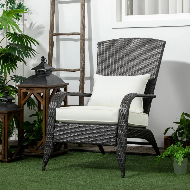 Outsunny Patio Wicker Adirondack Chair, Outdoor All-Weather Rattan Fire Pit Chair w/ Soft Cushions, Tall Curved Backrest and Comfortable Armrests for Deck or Garden, Cream White