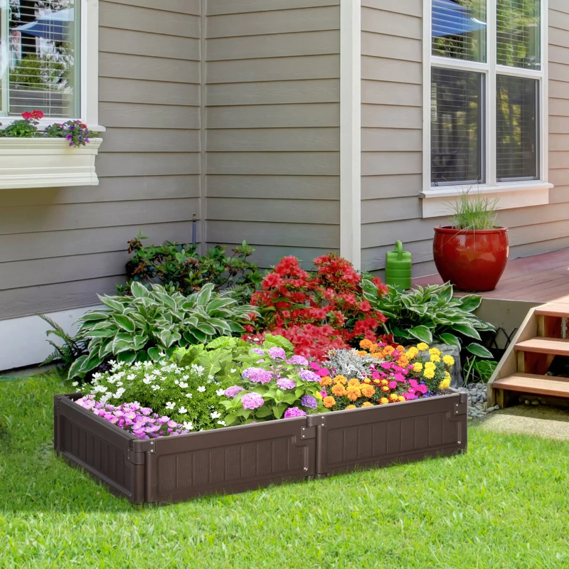 Outsunny 48" x 24" Raised Garden Bed Kit, Divisible Planting Box DIY Garden Elevated Planter for Outdoor & Indoor Backyard, Wood Imitating Grain, Easy Assembly, with 6 Stakes, Brown