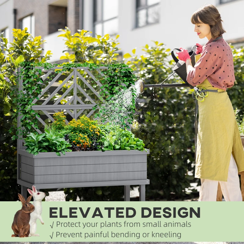 Outsunny Elevated Wood Planter with Trellis for Climbing Plants, Raised Garden Bed with Legs and Drainage Holes, Gray