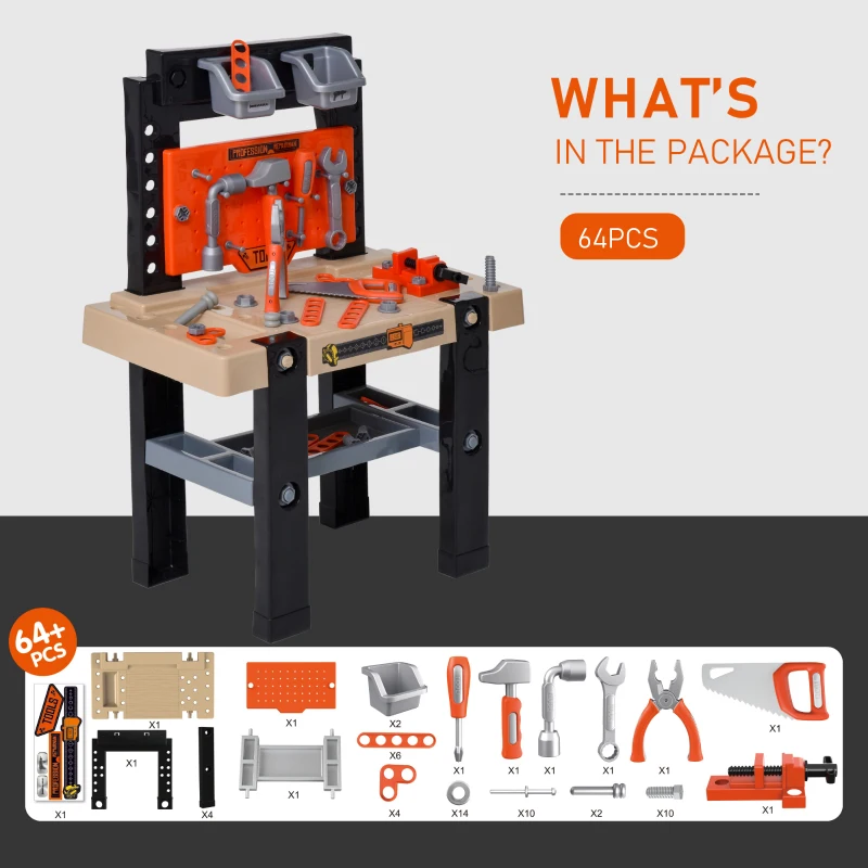 Qaba 64-Piece Kids Tool Workbench, Toddler Construction Workshop Tool Set with Shelf Storage Box for Age 3 Years