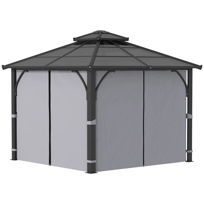 Outsunny 10' x 10' Hardtop Gazebo with 7mm Double Polycarbonate Roof, Outdoor Gazebo with Netting and Curtains