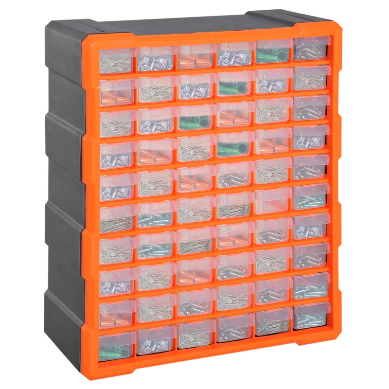 DURHAND Plastic Screw Organizer Storage Cabinet for Garage, 60 Drawers Parts Organizer Desktop or Wall Mount Storage Container for Hardware, Parts, Crafts, Beads, or Tools, Orange