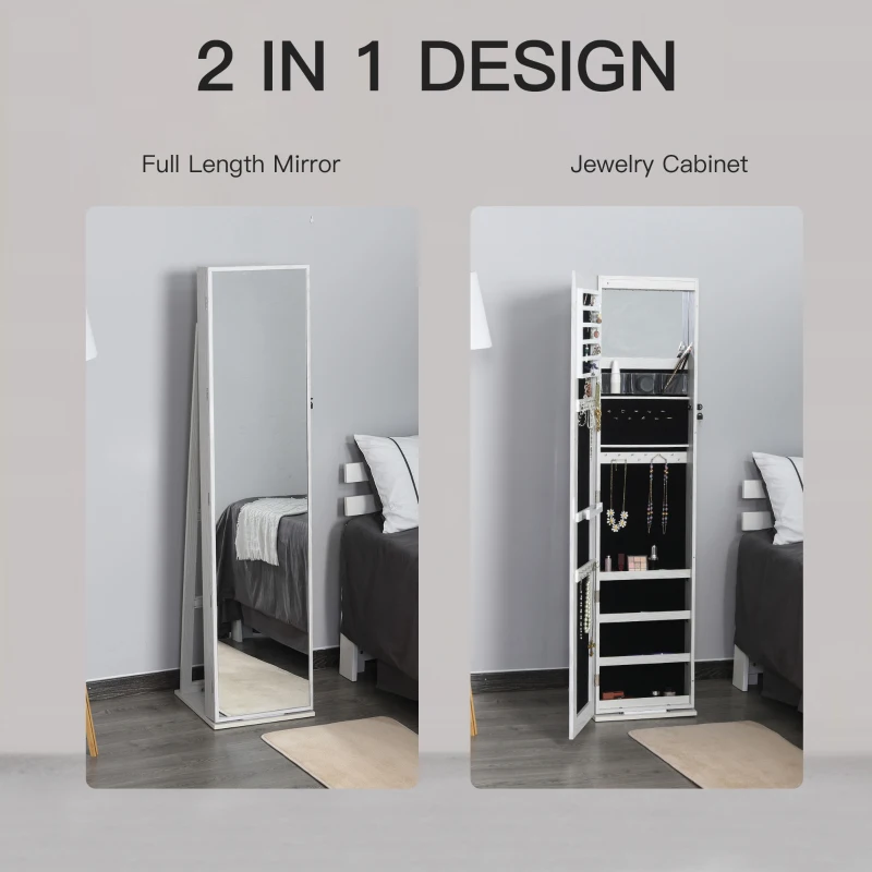 HOMCOM Mirror Jewellery Cabinet Armoire, Lockable Jewellery Organizer with Full-Length Mirror, LED Lights, Standing Jewellery Armoire in White Wood