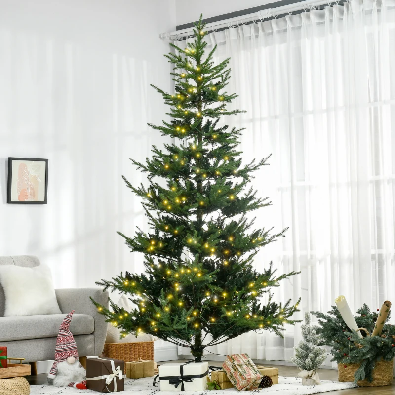 HOMCOM 8 Foot Prelit Artificial Christmas Tree with 1026 Realistic Branches, Warm White LED lights, Auto Open, Green