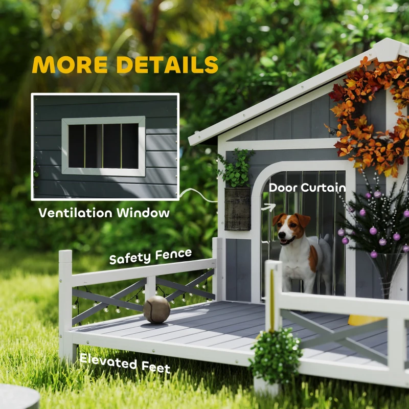 PawHut 59"x64"x39" Wood Dog House Outdoor Cabin-Style Elevated Pet Shelter with Porch Deck, Grey