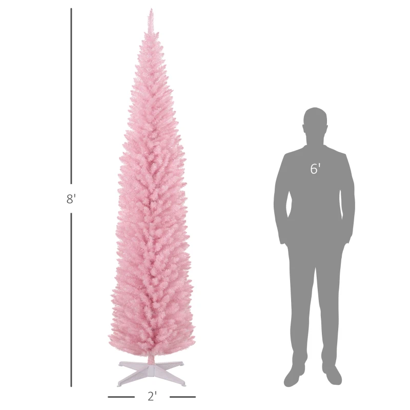 HOMCOM 8ft Unlit Pencil Artificial Christmas Tree with Realistic Branches and 618 Tips, Plastic Base, Pink